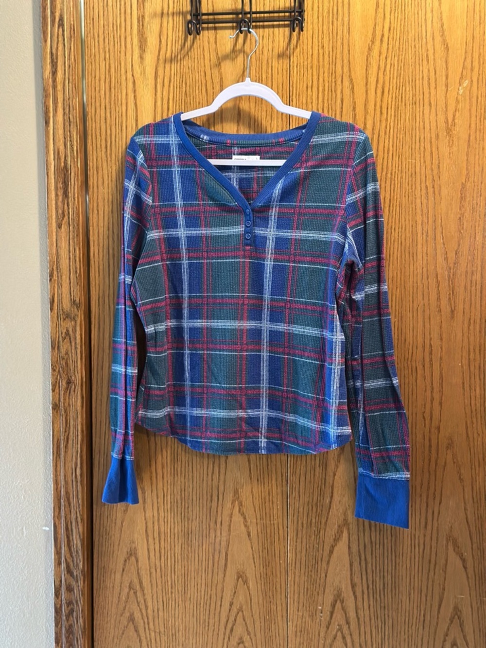 Plaid Henley waffle knit  Long Sleeve Top in Blue and Green